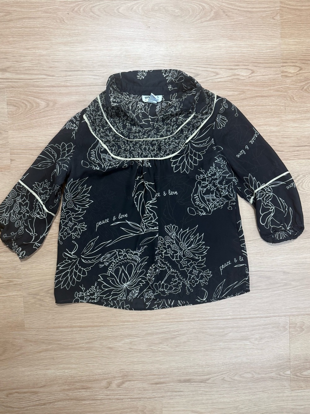 Unique Spectrum Black Floral Line-Print Blouse with Ivory Trim